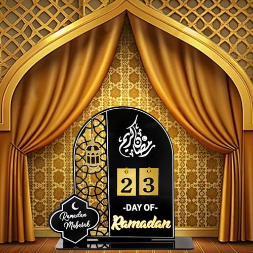 Black Acrylic Countdown Advent Calendar 31 Days Til Eid' Lantern Design, Eid Mubarak Ornament for Ramadan Kareem Tabletop Decorations