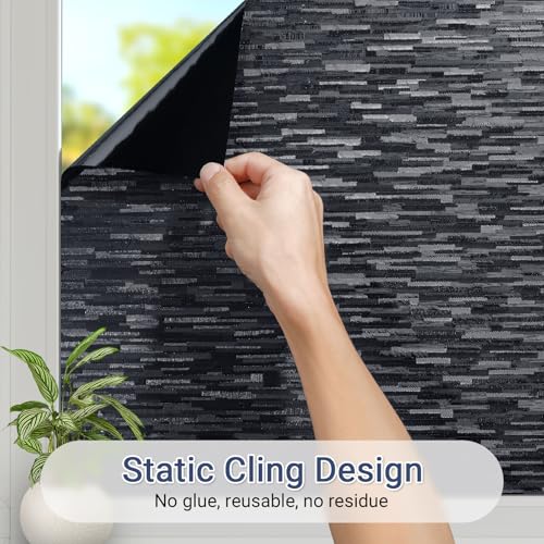Haton Window Privacy Film, Black Stripe Non-Adhesive, 17.5" x 78.7" | Static Cling Non-Adhesive Film, Full Light Block, Blocks UV & Heat, Removable Privacy Cover for Bedroom & Bathroom Windows - color: Black Stripe, size: 17.5" x 78.7"