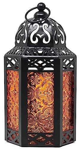 Vela Lanterns Decorative Indoor Moroccan Candle Centerpiece, Amber, S | Halloween Lantern, Moroccan Lamp, Dark Academia Decor, Amber Embossed Glass Holder, Tealight Pillar, 8.5 In - color: Black/Amber, size: Small