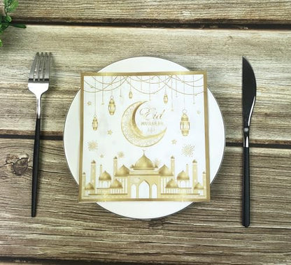 24 Pcs Ramadan and Eid Crescent Moon Party Napkins Ramadan Kareem Eid Mubarak Disposable Napkins, Arabic Design Themed Paper Napkins for Eid Al-Fitr Party Decorations, 6.5" 2-Ply