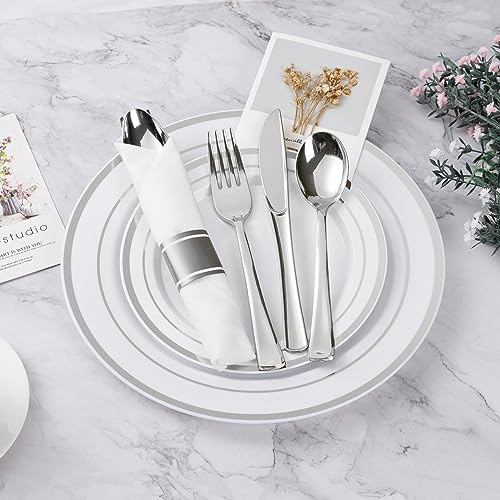 BESTVIP 350PCS Silver Plastic Dinnerware Set, Disposable Party Plates for 50 Guests, Include: 100 Plastic Plates, 50 Pre Rolled Napkins with Silver Silverware, 50 Cups - color: Silver, size: 50 Guests