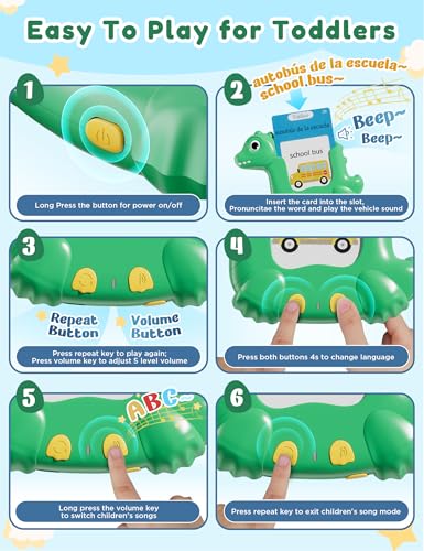 Spanish and English Talking Flash Cards for Toddlers with 510 Sight Words, Dinosaur Shaped Bilingual Buddy Pocket Speech Therapy Autism Toys, Educational Learning Toys Gift for Kid Boys Girls - size: 510-Spanish&English