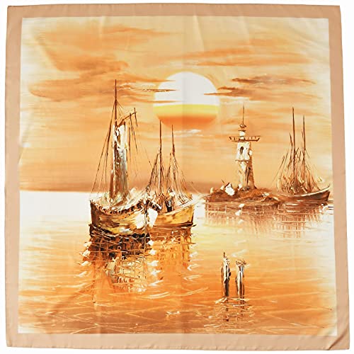 100% Mulberry Silk Scarf-Printed or Solid Color 35” Square Large Silk Hair Head Wrap Scarf With Gift Box Package - color: M9 Pattern: Sailing in the Sea