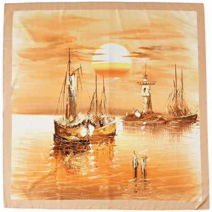 100% Mulberry Silk Scarf-Printed or Solid Color 35” Square Large Silk Hair Head Wrap Scarf With Gift Box Package - color: M9 Pattern: Sailing in the Sea
