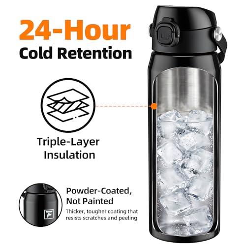 Fanhaw 24 oz Insulated Stainless Steel Water Bottle with 2-in-1 Straw& Chug Lid, Leakproof Wide Mouth Vacuum Bottle for School, Sports, Kids, Teens& Adults, Back to School Essentials (Glossy Black) - color: Glossy Black
