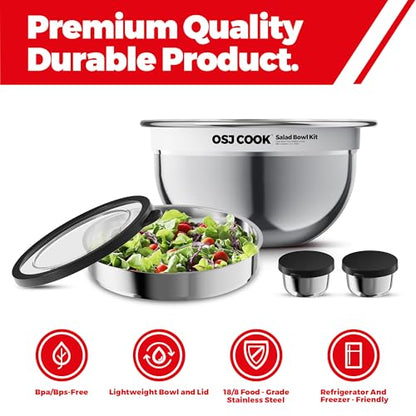 74oz Salad Bowl Kit with Lid & Tray, Scratch-Resistant 18/8 Stainless Steel Salad Bowls To Go For Lunch, Large Leak-Proof Container with 2 Condiment Canisters, Mirror - color: Mirror