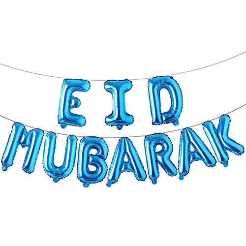 16-Inch Rose Gold Eid Mubarak Foil Balloons - Party Decoration Supplies for Ramadan and Muslim Celebrations (Blue) - color: Eid Blue