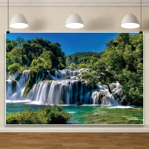 7x5ft Waterfall Backdrop Nature Landscape River Lake Mountain Forest Photography Background Green Forest Travel Vacation Adult Wedding Kids Birthday Party Decoration Photo Props - color: Green02, size: 7x5ft