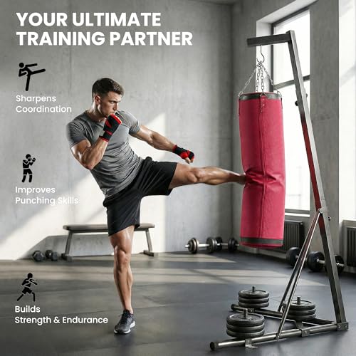Soozier Punching Bag with Stand for Adults, 72.8"-90.9" Height Adjustable Freestanding Boxing Stand with Canvas Sandbag, Stable Triangular Base and 1" Weight Plate Storage for Home Gym MMA - color: Red