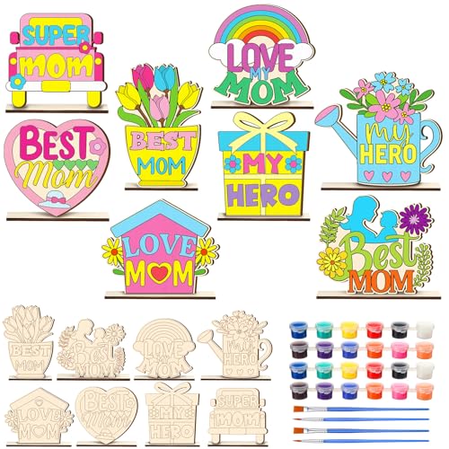 DoubleFill 16 Pcs Crafts Kits for Mother Birthday, Paint Your Own Mom DIY Coloring Wood Table Centerpiece Decoration, Wooden Tabletop Sign Bulk, Handmade Activity Gift for Best Mom Party Decor - style: Mother's Day