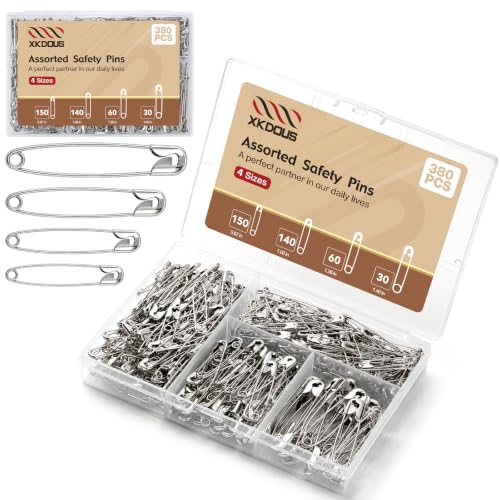 XKDOUS 380 Pack Safety Pins Assorted Sizes, Heavy Duty Pins for Clothes - color: Silver, size: 4 Assorted Sizes (380 Pcs)