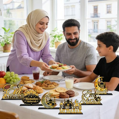6 Pcs Ramadan Table Decor, Wooden Crescent Moon Star Eid Mubarak Decorations, Ramadan Kareem Mosque Sign Decor Gifts for Home Islamic Holiday Decorations