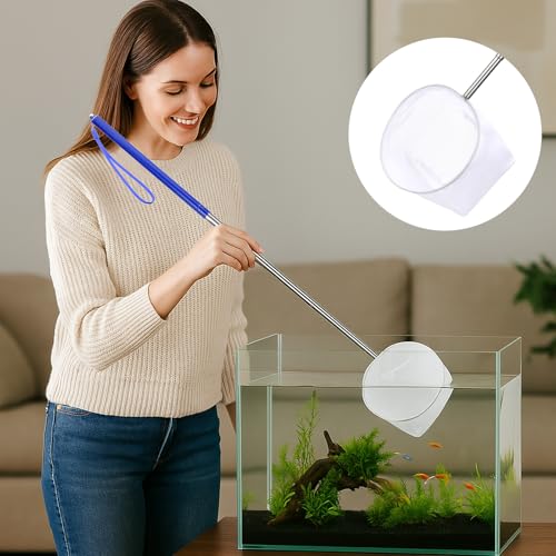 4 Inch Aquarium Net, Fish Net for Fish Tank with 8.6" to 39" Long Extendable Stainless Steel Handle Blue Round Small Aquarium Fine Mesh Shrimp Nets Pond Food Residue Debris Skimming for Fishes Shrimp
