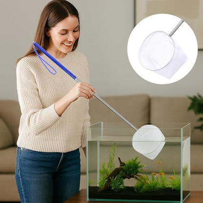 4 Inch Aquarium Net, Fish Net for Fish Tank with 8.6" to 39" Long Extendable Stainless Steel Handle Blue Round Small Aquarium Fine Mesh Shrimp Nets Pond Food Residue Debris Skimming for Fishes Shrimp