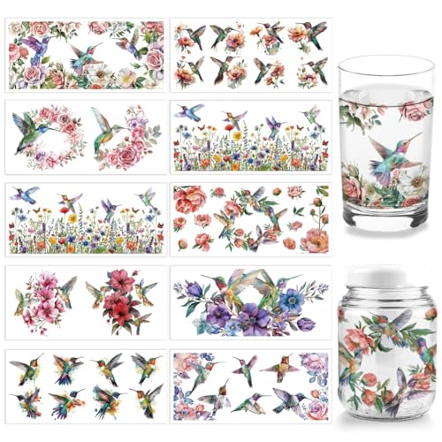 arricraft 10 Sheets UV DTF Cup Wrap Transfer Stickers, 10 Styles 9.45x4.33 Inchs Hummingbird Flower Rub on Transfers Decal for 16OZ Glass Cups Furniture Craft Wood DIY Crafts - style: Hummingbird