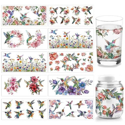 arricraft 10 Sheets UV DTF Cup Wrap Transfer Stickers, 10 Styles 9.45x4.33 Inchs Hummingbird Flower Rub on Transfers Decal for 16OZ Glass Cups Furniture Craft Wood DIY Crafts - style: Hummingbird