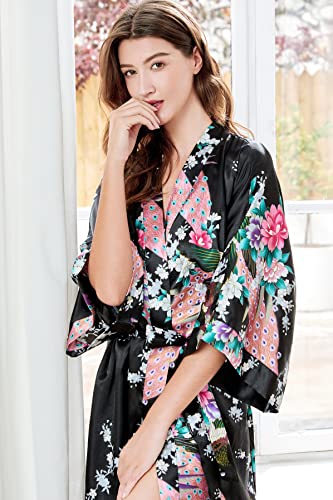 BABEYOND Women's Kimono Robe Long Satin Robes with Peacock and Blossoms Printed Kimono Nightgown - color: Black, size: One Size
