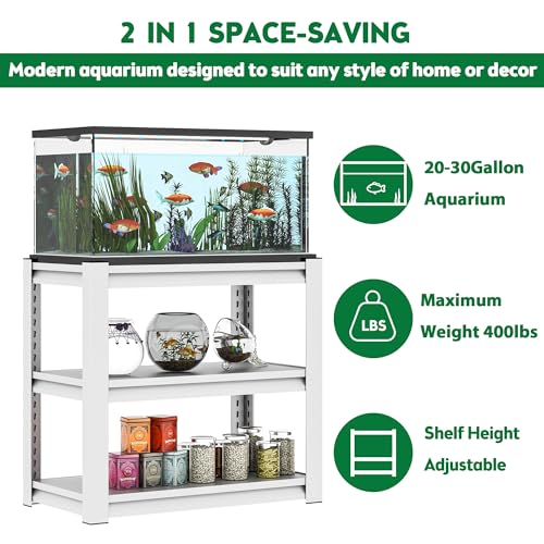 20-30 Gallon Fish Tank Stand - Metal Aquarium Stand, 34 "W x 18 "D x 31"H Adjustable Heavy Duty Reptile Tank Stand, Adjustable 3-Tier Fish Tank Rack Shelf for Home Office, Tank Not Included (White) - color: White