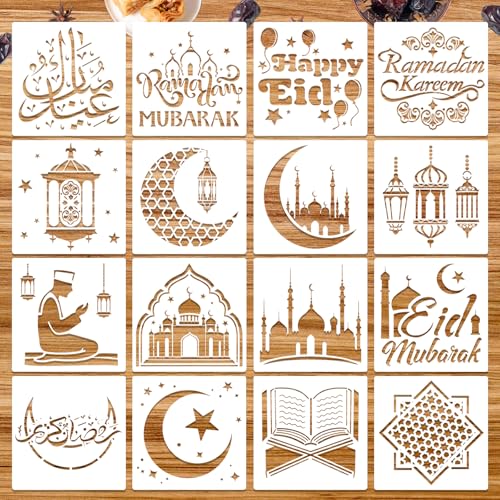 HOWAF 16pcs Ramadan Eid Stencil,Eid Mubarak Drawing Templates for Eid Party Painting Wall Wood Decor,Ramadan Kareem Painting Stencil Art Craft with Moon Star Pattern Happy Eid Favors Plastic Templates