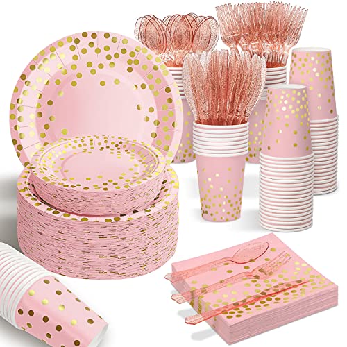AIRE Pink Gold Paper Plates, 175PCS Disposable Dinnerware Set for 25 Guests - color: 175 PCS Pink and Rose Gold Glitter