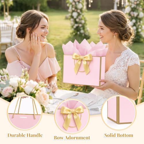 ANZNKU 2PCS Gift Bags for Women 12.6" Medium Pink Gift Bags with Handles 4 Tissue Paper 2 Ribbons 2 Cards, Cute Bag for Gifts Wedding Favors Birthday Engagement Bridal Baby Shower Party Presents - color: Soft Pink