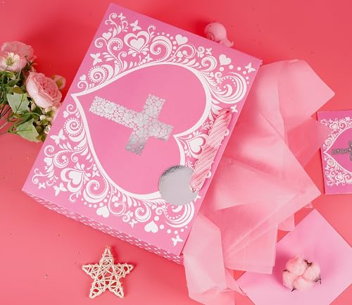 JWSCYSY 12.6" Large Pink Gift Bag with Metallic Silver Floral Cross Design, Card and Tissue Paper for Baby Girl Baptisms, Christenings, First Communions Religious - color: Pink 12.6"