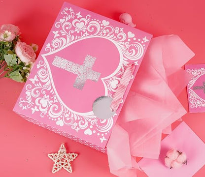 JWSCYSY 12.6" Large Pink Gift Bag with Metallic Silver Floral Cross Design, Card and Tissue Paper for Baby Girl Baptisms, Christenings, First Communions Religious - color: Pink 12.6"