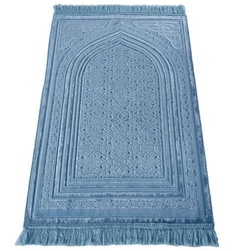 Modefa Luxury Velvet Prayer Rug with Prayer Beads | Soft Elegant Muslim Turkish Janamaz Sajada Carpet for Men and Women | Plain Solid Prayer Mat Ramadan Eid Gift - Najma (Najma Steel Blue) - color: Najma Steel Blue