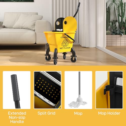 HOMCOM Mop Bucket with Wringer on Wheels, 27.5 Quart, with Mop, Yellow | Down Press Wringer, Handle and Mop, Floor Cleaning - color: Yellow, size: 27.5 Quart
