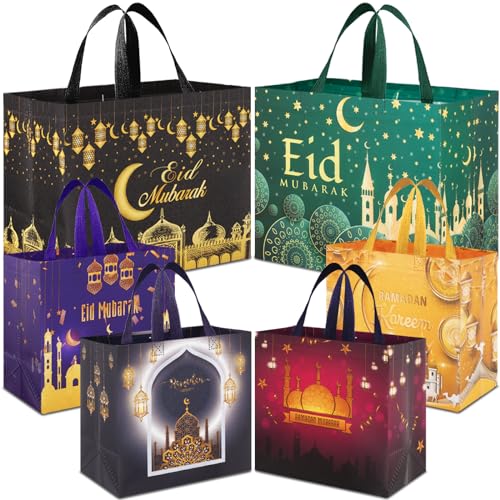 AhfuLife Ramadan Eid Mubarak Countdown Calendar Decoration for Kids, 2025 Eid Mubarak Gift Decorations, 6Pcs Eid Mubarak Gift Bags, Ramadan Mubarak Tote Bags with Handles, Ramadan Kareem Party Bags, I