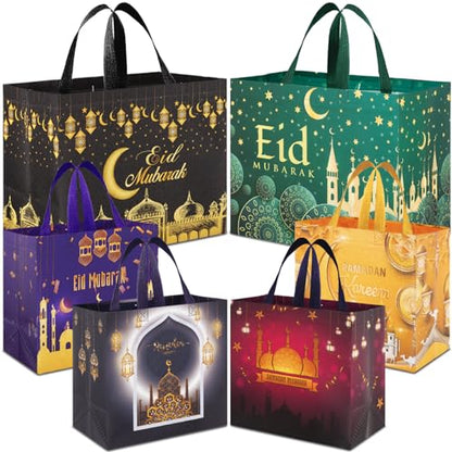 AhfuLife Ramadan Eid Mubarak Countdown Calendar Decoration for Kids, 2025 Eid Mubarak Gift Decorations, 6Pcs Eid Mubarak Gift Bags, Ramadan Mubarak Tote Bags with Handles, Ramadan Kareem Party Bags, I