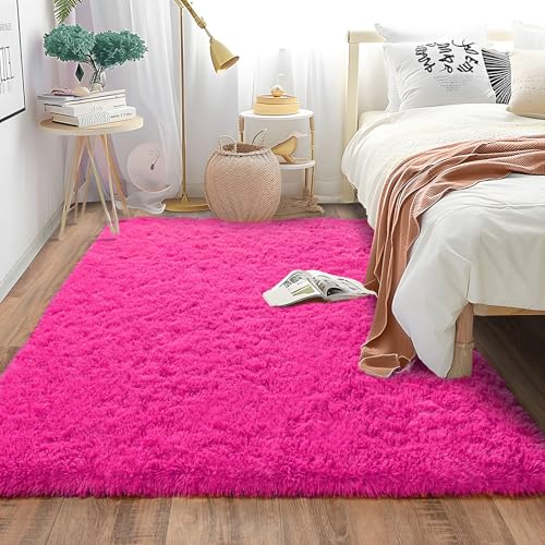 Soft Shag Rugs for Girls Bedroom, Fluffy Washable 4x6 Hot Pink - color: Hot Pink, size: 4' x 6' (Rectangular)