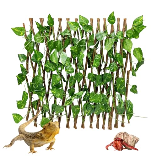 Reptile Hermit Crab Climbing Wall Toys, Bearded Dragon Climb Tank Accessories, 15.75 in Evergreen Leaves Retractable Hedge Fence Background,Gecko Spider Aquarium Decoration with Suction Cups - color: Evergreen Leaves Reptile Climbing Wall
