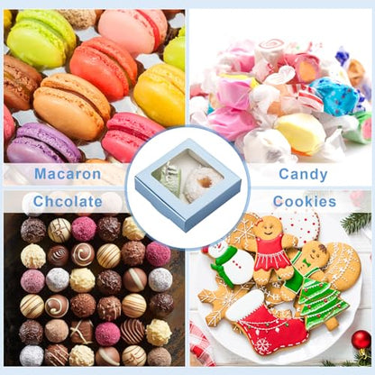 Zonon 30 Pcs Kraft Paper Boxes with Window 4.13 x 4.13 x 1.18 Inch Candy Packaging, Small Gift Boxes, Soap holder, Mini Treat Packaging for Bakery Chocolate Jewelry Display (Blue) - color: Blue