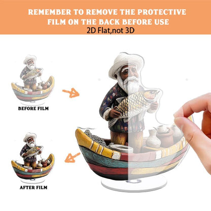 YLUYINOM 2D Flat Acrylic Display Plaque, Elderly Man Figurine in A Boat Proudly Holding A Fish with Fishing Tools Around. Rotatable, with Base - color: Picture 25