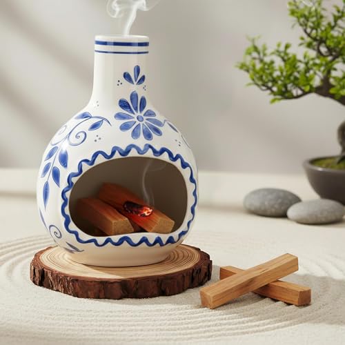 Ceramic Incense Holder–Handcrafted Palo Santo Holder with Chimney, Incense Burner with Ash Catcher for Sage, Cone Burning and Tealight, Perfect for Meditation, Yoga and Aromatherapy for Women - color: Blue