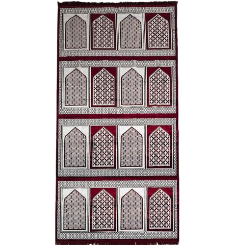 Modefa Turkish Islamic Prayer Rug - Large Gathering & Group Praying Carpet - Wide Plush Velvet Praying Mat - Multi Person Muslim Janamaz Sajada for Family - 16 Person (Geometric Red)