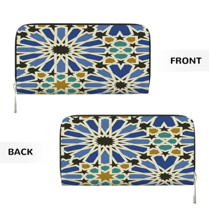 Geometric Islamic Art PU Leather Long Wallet for Women Men, Zipper Clutch Wallet RFID Card Holder Organizer - color: Geometric Islamic Art