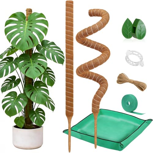 Numola 2 Pack Moss Pole Monstera Plant Support Stakes for Indoor Plants, 28 Inch Bendable Coir Trellis Plant Stick Support for Potted Climbers to Grow Upwards, Vines Traction Clips with Repotting Mat