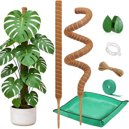 Numola 2 Pack Moss Pole Monstera Plant Support Stakes for Indoor Plants, 28 Inch Bendable Coir Trellis Plant Stick Support for Potted Climbers to Grow Upwards, Vines Traction Clips with Repotting Mat