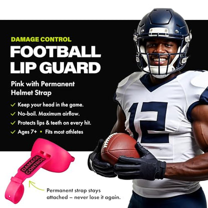 DAMAGE CONTROL Pacifier Football Mouth Guard – Permanent Strap – Hot Pink | Youth Football Mouthpiece, No Boiling, Breathable Design, Protects Lips & Teeth, Works with Braces - color: Hot Pink