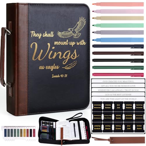 XKDOUS Bible Cover for Men Leather Bible Bag Large Book Carrying Case Kit - color: Black & Brown