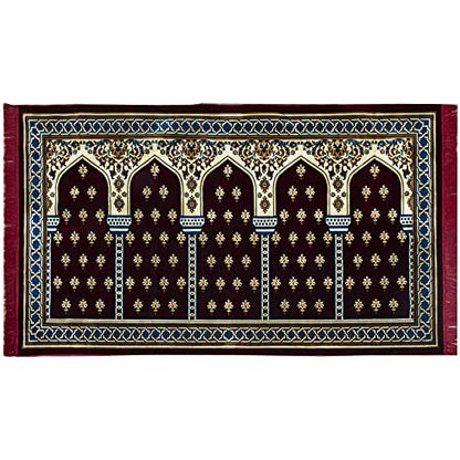 Modefa Turkish Islamic Prayer Rug - Multi Person Janamaz Sajada for Family or Large Gathering & Group Praying Carpet - Wide Plush Velvet Praying Mat (Mihrab Red - 5 Person) - color: Mihrab Red