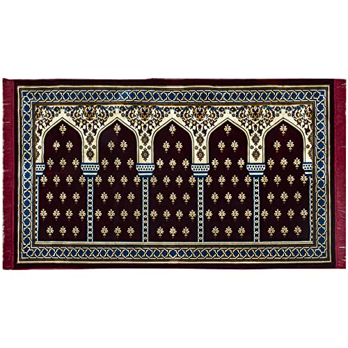 Modefa Turkish Islamic Prayer Rug - Multi Person Janamaz Sajada for Family or Large Gathering & Group Praying Carpet - Wide Plush Velvet Praying Mat (Mihrab Red - 5 Person) - color: Mihrab Red