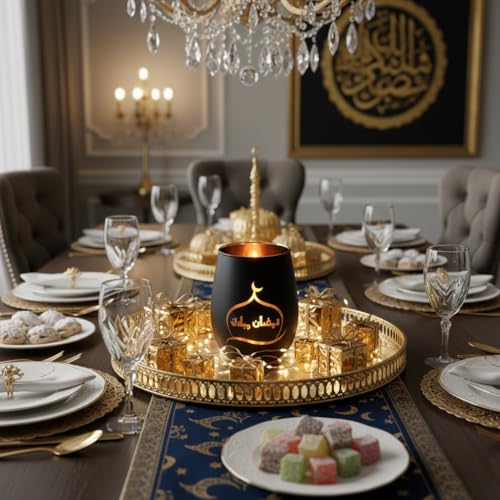 Ramadan Mubarak Decorations, Matte Black & Gold Glass Tealight Holders, Eid Mubarak Table Decor with Mosque Silhouettes, Luxury Islamic Home Decor & Gift for Ramadan Kareem