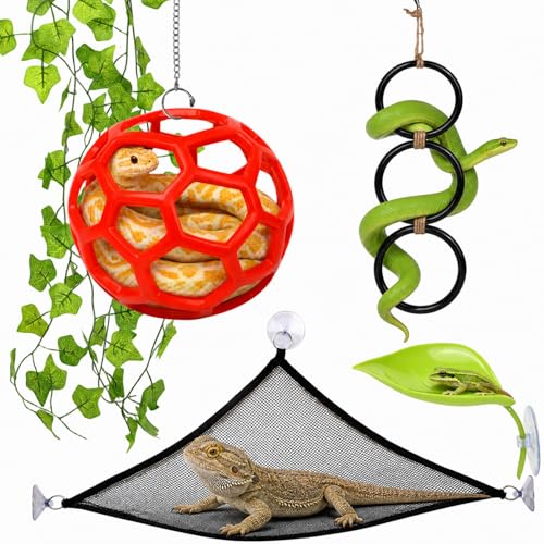 7-in-1 Snake Enclosure Accessories, Snake Climbing Toys & Habitat Decor | With Climbing Rings, Ball Chain, Suction Cups, Mesh Hammock, Artificial Ivy & Large Leaf Habitat for Ball Python, Corn Snake