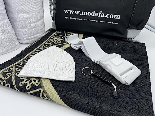 Modefa Islamic Men's Ihram Set for Hajj Umrah | Ehram Ahram Seamless Viscose from Bamboo + Cotton Towels 110 x 220cm | Prayer Mat, Bag, Kufi, Beads, Miswak, Belt | 7 Piece Combo Gift Set