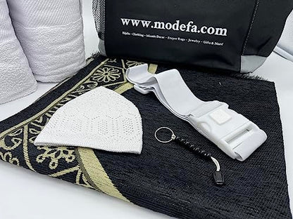 Modefa Islamic Men's Ihram Set for Hajj Umrah | Ehram Ahram Seamless Viscose from Bamboo + Cotton Towels 110 x 220cm | Prayer Mat, Bag, Kufi, Beads, Miswak, Belt | 7 Piece Combo Gift Set