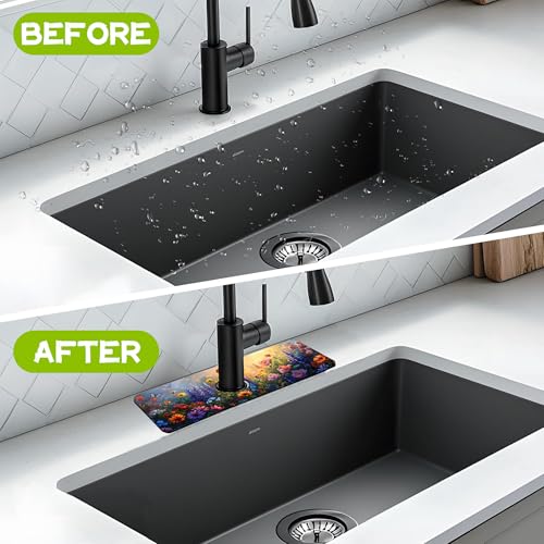 Kitchen Sink Splash Guard Faucet Mat Super Absorbent Fast Drying Mat Guard Behind Faucet Drip Catcher for Kitchen Bathroom (Flowers Bees in the Garden, 23.5"X5.5")