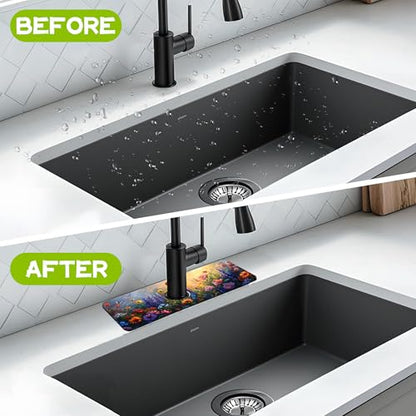Kitchen Sink Splash Guard Faucet Mat Super Absorbent Fast Drying Mat Guard Behind Faucet Drip Catcher for Kitchen Bathroom (Flowers Bees in the Garden, 23.5"X5.5")